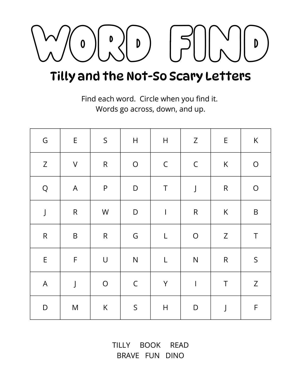 Tilly word find activity — find the hidden words.