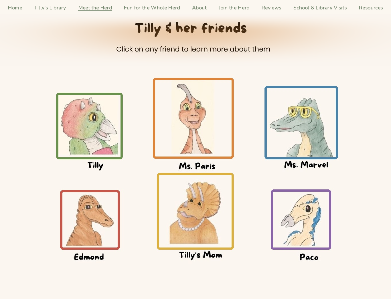 Tilly and her friends — click on Tilly, Ms. Paris, Ms. Marvel, Edmond, Tilly's Mom, or Paco to learn more about them.