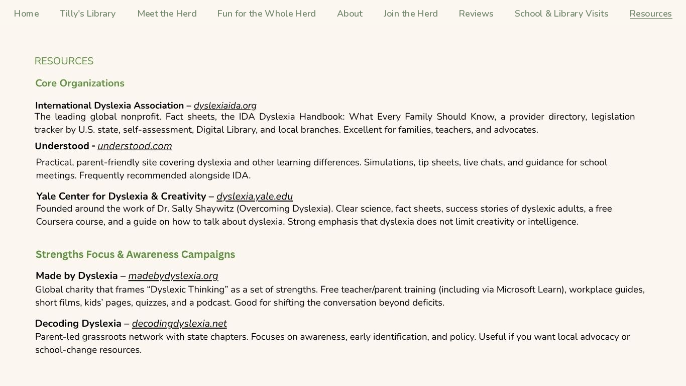 Resources — core organizations and strengths-focused dyslexia campaigns, including the International Dyslexia Association, Understood, Yale Center for Dyslexia and Creativity, Made By Dyslexia, and Decoding Dyslexia.