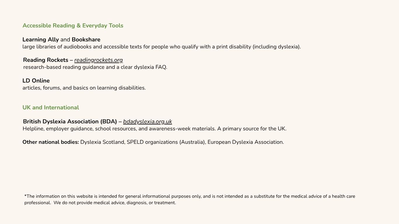 Resources continued — accessible reading tools and UK and international organizations, including Learning Ally, Bookshare, Reading Rockets, LD Online, and the British Dyslexia Association.