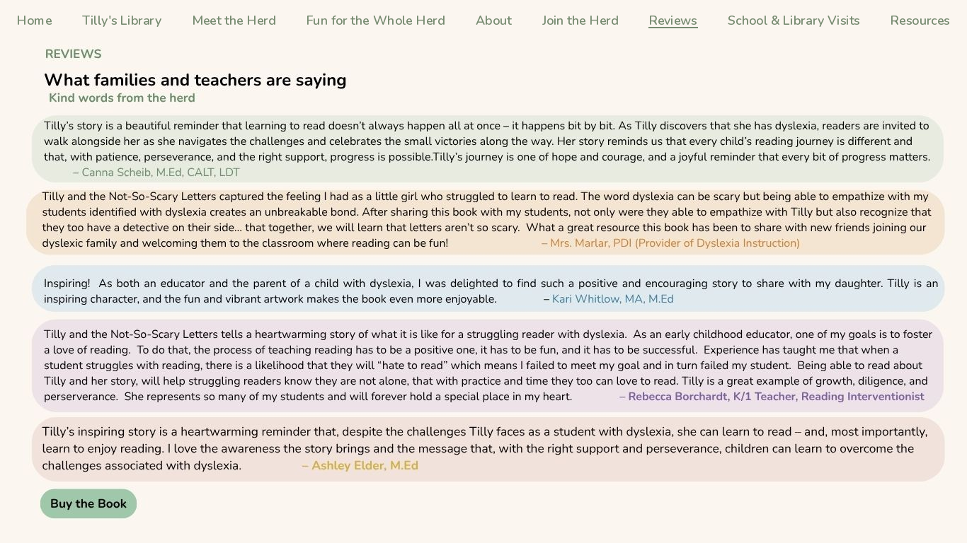 What families and teachers are saying — reviews for Tilly and the Not-So-Scary Letters.